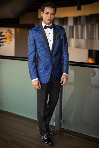The Cobalt Blue Aries Paisley Tuxedo offers a fashion-forward approach for your next formal event. The Aries features a black satin shawl lapel, double besom pockets and a fabric covered button. Pair it with black ultra slim fit pants for a trim and tapered style. Also available in Apple Red and Granite.