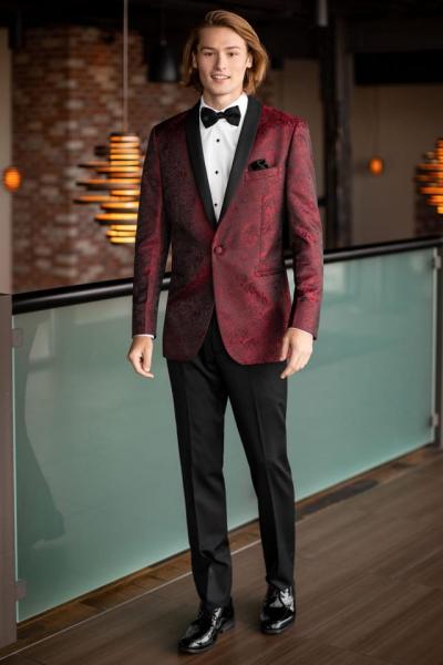 Why blend in when you can stand out in the Apple Red Aries Paisley Tuxedo at your next formal affair. The Aries features a black satin shawl lapel, double besom pockets and a fabric covered button. Pair it with black ultra slim fit pants for a trim and tapered style. Also available in Cobalt Blue and Granite.